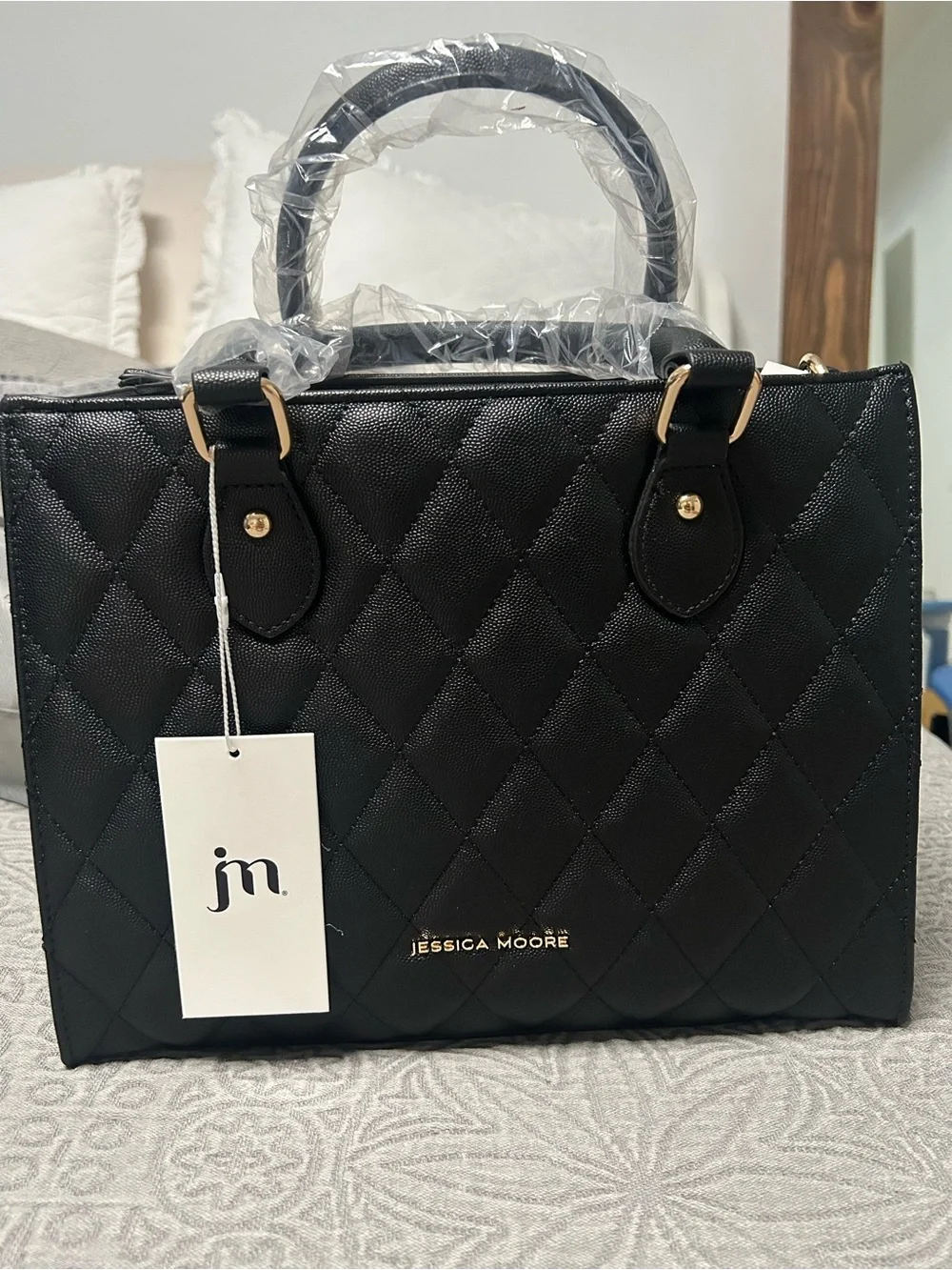Jessica Moore Quilted Satchel Handbag in Black